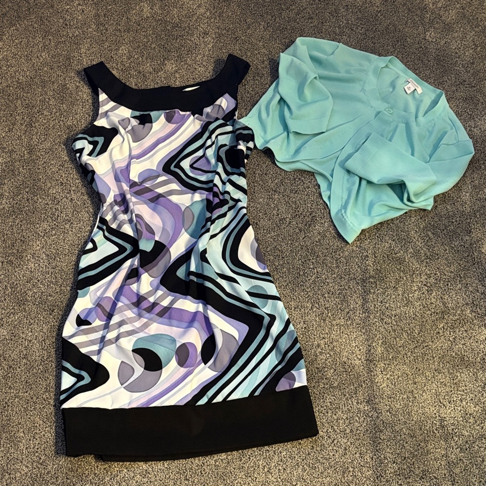 Dress Barn Black and Purple Abstract Mini Dress with matching crop sweater